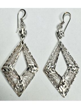 Vintage Sterling Silver 925 Earrings Filigree Rhombus Dangle French Hook 4.55g